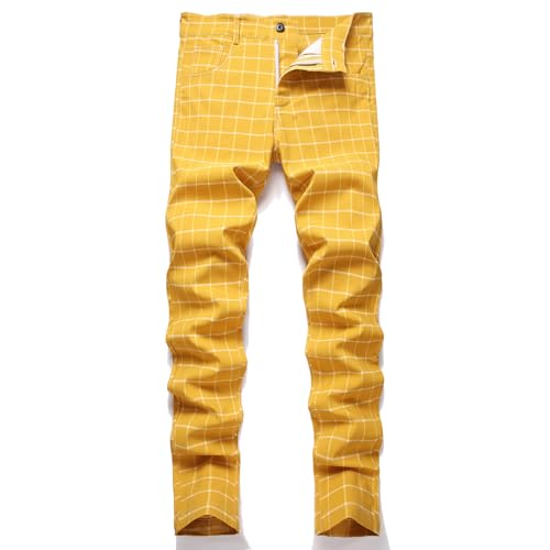 Keevoom Mens Stretch Skinny Flat-Front Fashion Style Comfy Casual Slim Fit Business Yellow Plaid Dress Chinos Pants