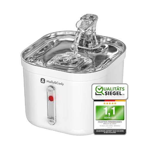 Molly&Cody Spring Trinkbrunnen für Katzen & Hunde (2L Wasserkapazität, automatischer Wasserspender, Ultra leise Wasserpumpe, sichtbare Wasserstandanzeige, 3-faches Filtersystem, kompakt, Edelstahl)