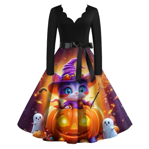 OIOLOYJM Sexy Plus Size Halloween Costumes Woman 2025 Long Sleeve V Neck Printed Gothic Retro Formal Party Dresses for Women