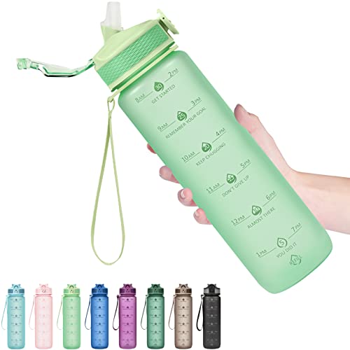 Image of Hyeta Plastic Water Bottle With Straw & Time Marker, 32oz Leakproof Jug | Motivational Tritan BPA Free Gym Office Outdoor Intake Tracker Hourly Reminder Straw Lid Lightweight