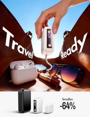 Image of LISEN 3 in 1 Travel Power Bank [2026 Aggregative] Portable Charger with Wall Plug,35W Powerbank Fast Charging with Extension Cable for iPhone 17 16 15 Pro Max Plus, Samsung Galaxy, iPad, Pearl White | Compact & Travel-Friendly Power Bank Wall Charger Long Cable USB C