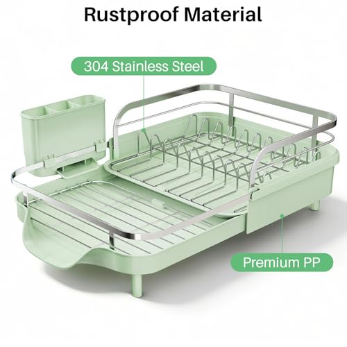 Image of SNTD Dish Drying Rack, Expandable Dish Rack for Kitchen Counter, Stainless Steel Dish Drainer with Drainboard Set and Utensil Holder (Green)