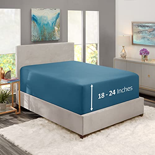 Image of Hearth & Harbor Extra Deep Pocket Full Fitted Sheet - Fits 18 to 24 Inch Mattress - Ultra Soft 1800 Microfiber, Wrinkle-Free & Breathable - Hotel Luxury Fitted Sheet Only, Blue Heaven