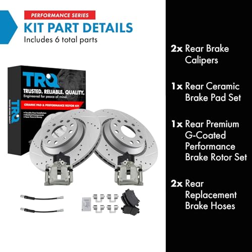 Image of TRQ Performance Rear Brake Pad and Rotor Set Ceramic Slotted Drilled Coated Rotors Calipers Compatible with 2010 2016 Volkswagen CC 2010 Passat