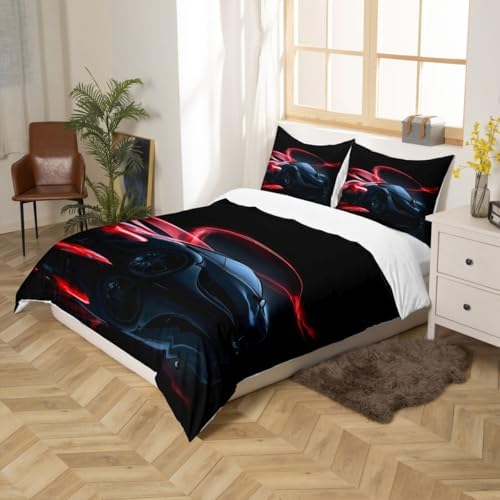 Feelyou Racing Car Bedding Set for Boys Kids Teens Men, Extreme Speed Sports Themed Comforter Cover, Competition Bedroom Decor Queen Size 3 Pcs (1 Duvet Cover +2 Pillow Shams), Luxury Black Red