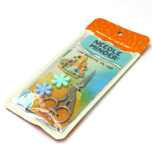 Image of Awesome Pattern Studio Needle Minder Set - Los Angeles Magnetic Needle Minder + 2 Needle Threaders + Crane Scissors. Enamel Pin for Cross Stitch, Embroidery and Craft