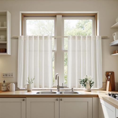 Image of Nanspring Linen Natural Curtains for Kitchen Windows Over Sink - Cafe Drapes Semi Sheer with Back Tab and Rod Pocket Lightweight Rustic Textured Cabinet Curtain for Bathroom 29 x 24 Inch, 2 Panels