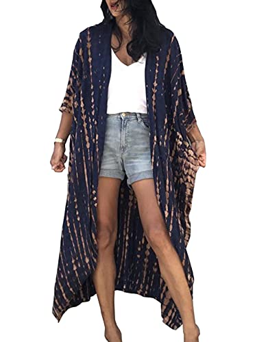 Chunoy Women Loose Lightweight Summer Boho Open Front Kimono Cardaigan Caftan Sleeve Tie Dye Long Striped Kaftan Beach Cover Up Navy Blue