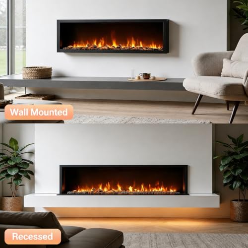 Image of Smart Electric Fireplace, 50''with WiFi App & Alexa Control, Recessed /Wall Mounted /Freestanding,Ultra Thin Linear Fireplace, 13 Flames & Crackling Sound, 1500W Heater with Timer & Overheat Protection
