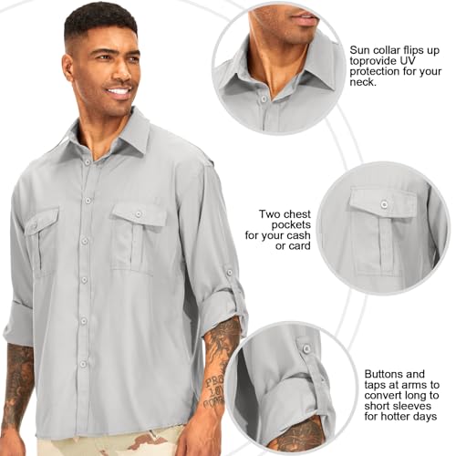 Men's Long Sleeve Safari Shirts UPF 50+ Lightweight Quick Dry Cooling, Hiking Fishing UV Sun Protection Shirts（5065 Light Gray XL）3