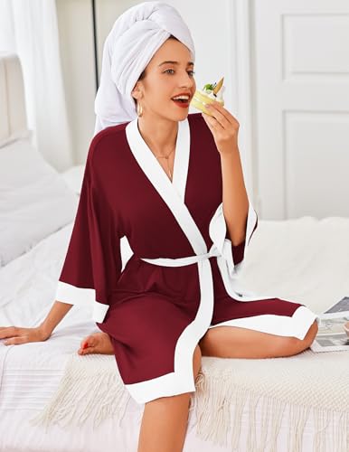 Image of Ekouaer Robes for Women Knee Length Bathrobe Lightweight Kimono Robe 3 /4 Sleeve Knit Sleepwear with Pockets