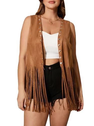 OYOANGLE Women's Plus Size Western Wear Cowgirl Outfits Fringe Trim Open Front Sleeveless Faux Suede Vest Jacket