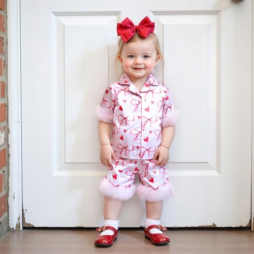 fyclemt Toddler Baby Girls Summer Silk Pjs Feather Trim Short Sleeve Shirt Shorts Satin Pajama Set Pjs Sleepwear Nightgown3