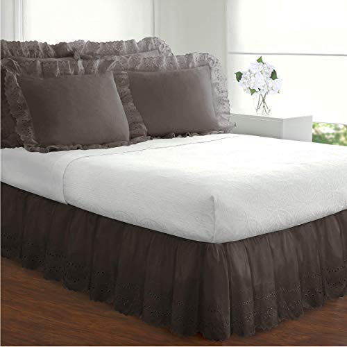 Fresh Ideas Ruffled Eyelet Bed Skirt Dust Ruffle With Gathered Styling And Embroidered Details, 14" Drop Length, Queen, Grey #TOP1