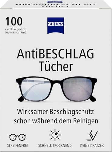 ZEISS AntiBeschlag Tücher 100 Stück für einen lang anhaltenden Beschlagschutz schon während der Reinigung - jedes Tuch einzeln verpackt - ideal für unterwegs oder auf Reisen