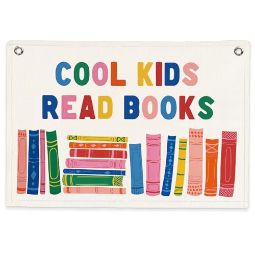 SJDFCSA Cool Kids Read Books Banner Canvas Wall Hanging Reading Corner Decor Wall Art Boho Colorful Books Wall Decor Hanging Banner Flag for Classroom Reading Room Library Kids Bedroom Prints 30x20