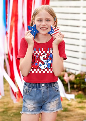 Image of BesserBay Kids Girls 4th of July Crop Tops American Flag Red White Blue Patriotic Bows USA Flag T-Shirts 6-14 Years