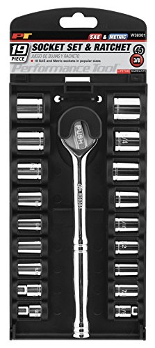 Performance Tool W38301 19 Piece 3/8" Drive Sae And Metric 6 Point Socket Set With Ratchet #TOP24