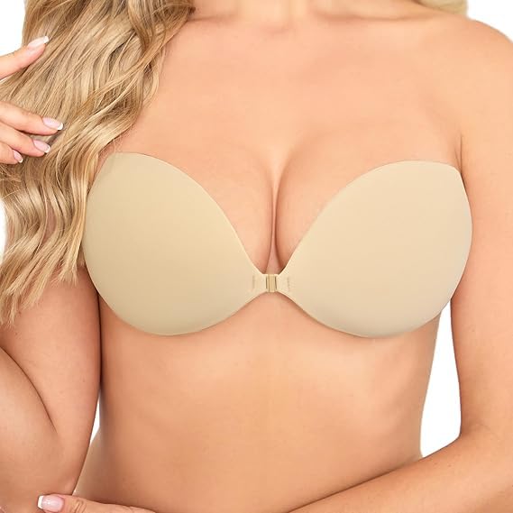 Sticky Bra Adhesive Push Up Invisible Strapless Bras for Women Reusable with Nipple Covers for Backless Dresses (Free-Size) Skin