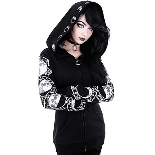 LoVnely Women Gothic Moon Print Zip Up Hoodies Long Sleeve Punk Hooded Jacket Coat (Tag L(US 6-8), Black)