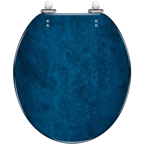 Round Toilet Seat Navy blue rough Toned texture Old scratched damaged wall surface Blue Resin Toilet Seat Quietly Slow Close with Quick-Release Hinges Toilet Seat with Cover Easy to Clean Install