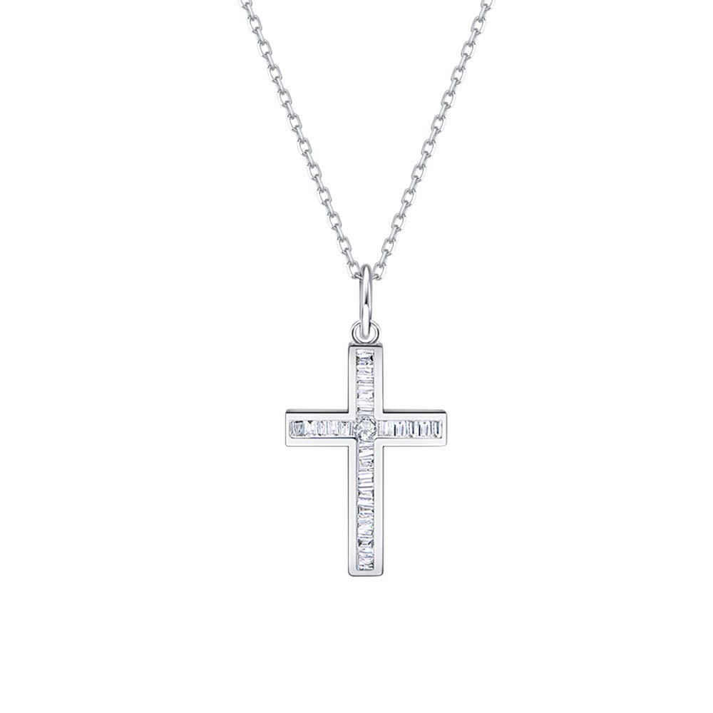 FANCIME18K Solid Real Gold Channel Setting Diamond 0.18CTTW Small Dainty Delicate Cross Crucifix Pendant Necklace Everyday Fine Jewelry Christmas Gifts for Women Mom, 16"+2" Extender