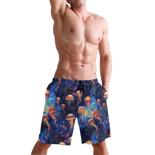 Glowing Jellyfish Print Men's Swim Trunks, Beach Shorts with Inner Lining Quick Dry Board Shorts S4