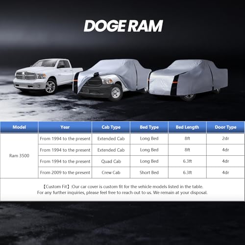 Image of Multi-Layer Dodge Ram 3500 Truck Cover, Custom fit Ram 3500 2002-2026 Crew /Quad Cab Long Bed(8.1')Car Cover Waterproof All Weather, Full Exterior Cover Rain Wind Dust and UV Protector With Door Zipper