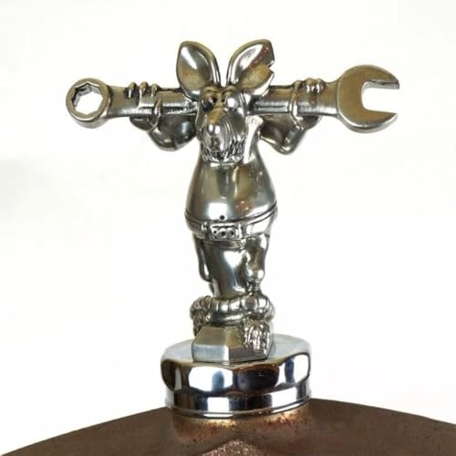 Rod The Rat Mechanic Rat Rod Hot Rod Hood Ornament, Car Front Cover Chrome Hood Ornament Sticker Badge Bonnet Car Decoration Styling Accessories, Unique Rat Mechanical Ornament (Silver Mouse)