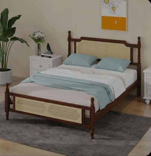 Image of JANGHU FURNITUREWALA Wooden /Rattan /Cane /Queen Size Bed Without Storage -Sheesham Wood -King Cot -Palang -Bed Stylish Bedroom Furniture /Hotel Furniture (Flor De Cerezo, Honey Finish) Rattan /Cane Bed