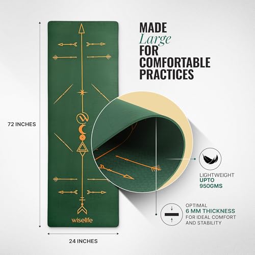 Image of WiseLife Boho Alignment 8mm Yoga Mat | Non-Slip Thick Exercise Mat | Anti-Skid Yoga & Fitness Mat for Yoga, Pilates, Gym & Flexibility Training (Green)