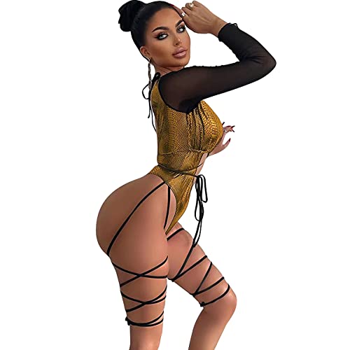 RARITYUS Women Rave Snakeskin Front Buckle Sheer Bodysuit Halterneck Swimsuit Long Sleeve for Dance Party Clubwear3