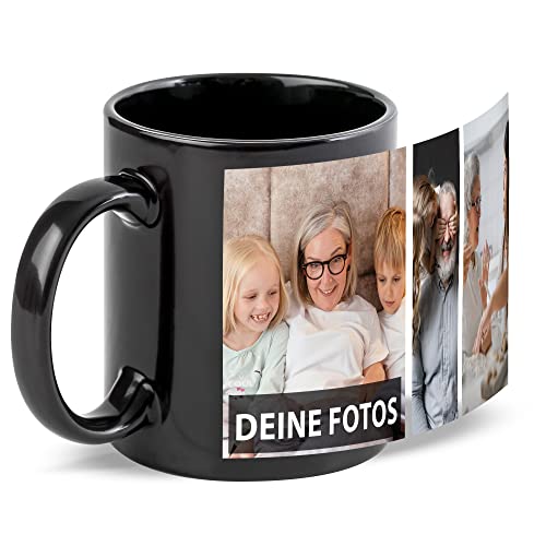 Schwarze Tasse zum selbst gestalten mit Foto-Collage für 3 Wunschfotos - Geschenk für Freunde zum Geburtstag, Weihnachten - Keramik, 300 ml | Personalisiertes Geschenk