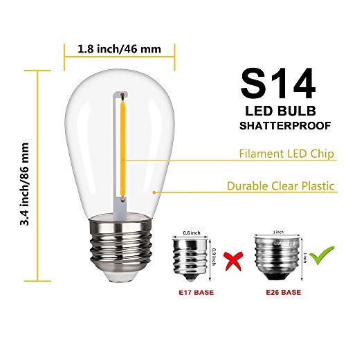 Myemitting S14 Replacement Bulbs For Outdoor String Lights, Shatterproof & Waterproof 1W S14 Led Bulbs, Led Patio Lights, 2200K Warm White,1W Equivalent To 10W, Non-Dimmable Cri>90, E26 Base-15 Pack #TOP1