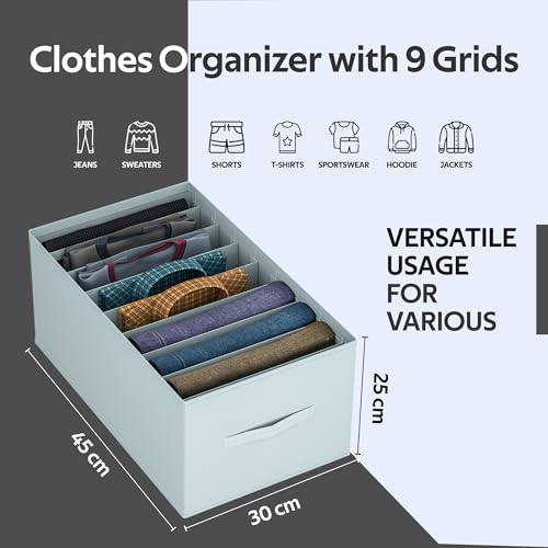 Image of Kuber Industries Non Woven Large Foldable Clothes Organiser with 9 Grid | Dress Storage Box For Jeans & Shirt | Wardrobe Storage Organizer | Bedroom Almirah Organizer Items | Grey
