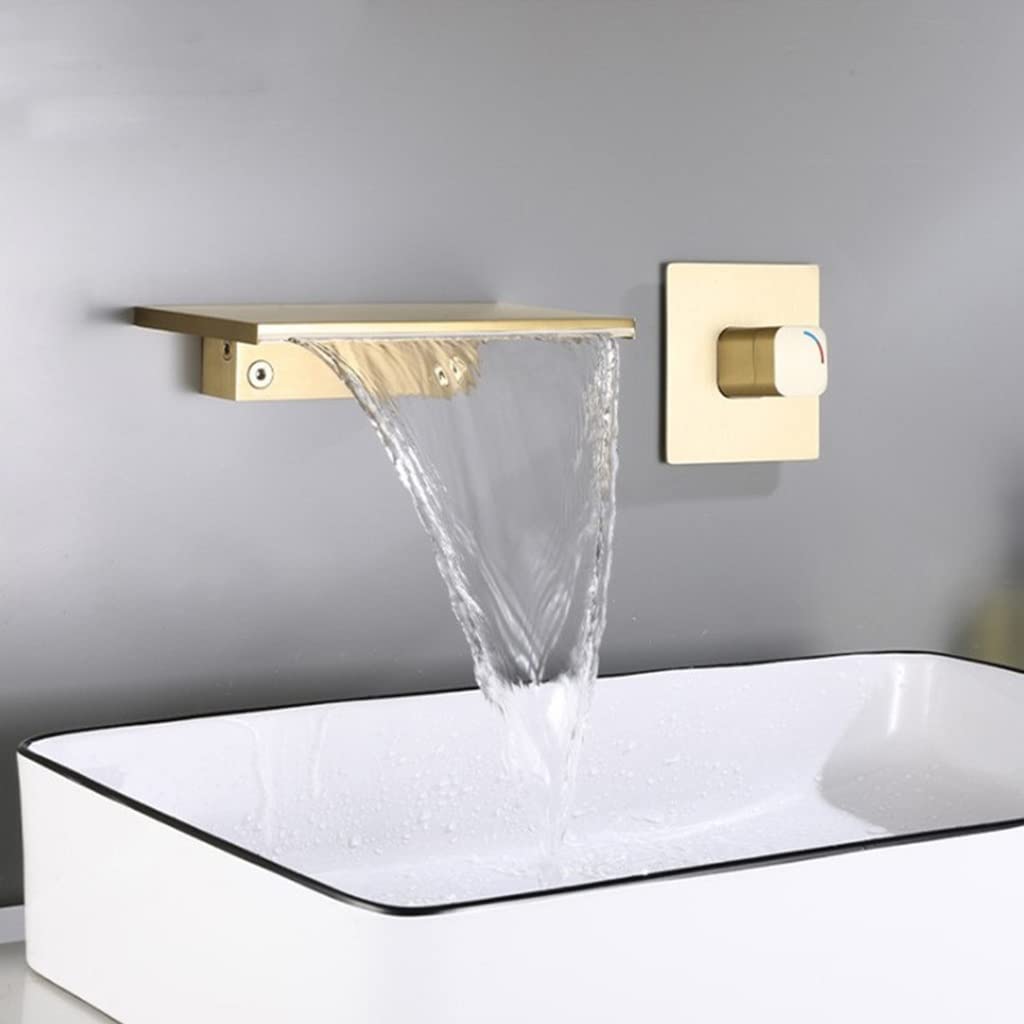 Basin Faucet Gun Grey Bathroom Basin Faucets, Soild Brass Sink Mixer, Hot & Cold in-Wall Single Handle 2 Holes Lavatory Crane Waterfall Taps Mixer Taps,Brushed Gold