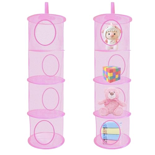 NEUSID 2 Stück Hängeaufbewahrung mit 4 Fächern, Hängekorb Groß Kuscheltier Stofftier Aufbewahrung Hängend Korb Kuscheltieraufbewahrung Faltbare Hängeregal Hängeorganizer für Kinderzimmer (Rosa)