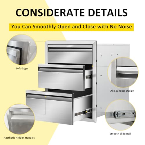 Image of Outdoor Kitchen Drawers 16 inch W x 21 inchH x 23 inchD Triple BBQ Drawers Stainless Steel Built-in Drawer for Outdoor Kitchen Island, Patio Grill Station