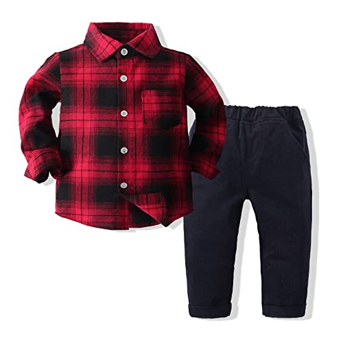 Image of Kimocat 2Pcs Baby Boys Clothes Long Sleeve Plaid Shirt+Pants Overalls Clothing Set