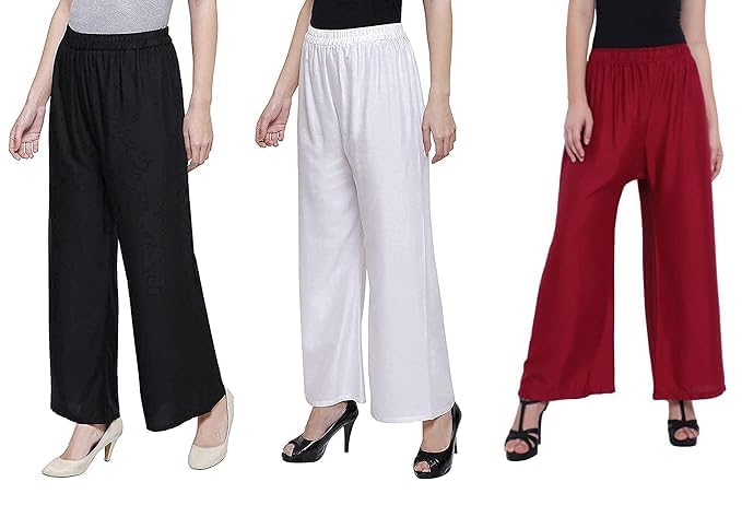 ARYANSH Shoppe Palazzo for Women | Loose Fit Ethnic Design Palazo Combo | Stylish Latest Bottom Wear Casual Plazo for Girls | Regular Plain | Rayon, Multicolor, Set of 3(Black, White and Maroon)-image-26