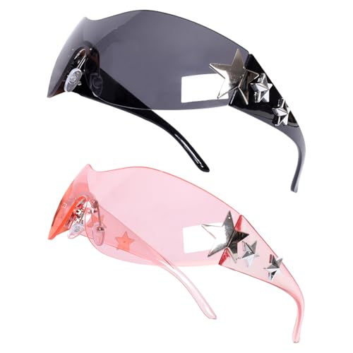 2 Pairs Fashion Y2k Sunglasses Star Sunglasses Oversized Frameless Black and Pink Glasses for Women Men Driving Shopping Riding Street Photography