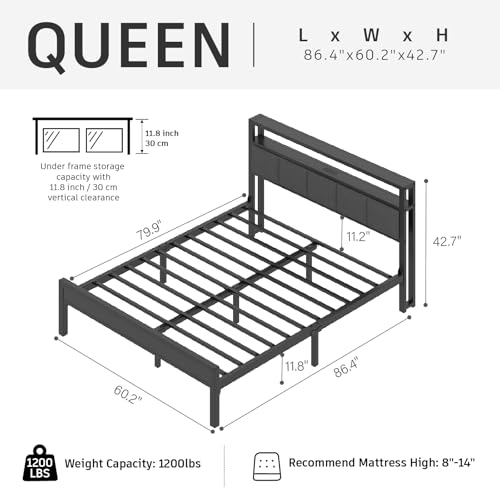 Image of E-Motie Queen Size Bed Frame with LED Lights and Charging Station, Wood Storage Headboard with 2-Tier Shelves, Heavy Duty Metal Slats, No Box Spring Need, Noise Free, Easy Assembly, Light Grey