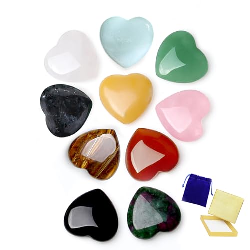 AWARDSEN 10 PCS Heilsteine Herz Kristalle Set Pocket Edelsteine, 0.8' Rosenquarz Obsidian Kristalle Edelsteine in Bulk für Motivationsgeschenke, Energieaufladung und Reiki Heilung Geschenke für Frauen