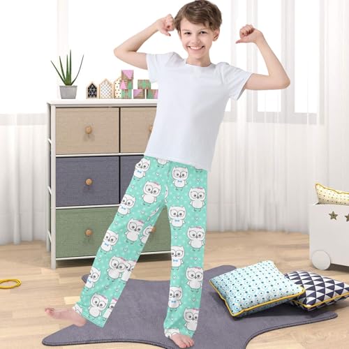 Boy's Pj Pants White Little Owl Bow Green Heart Lounge Bottoms Elastic Waist Kids Joggers with Pockets Size 6-144