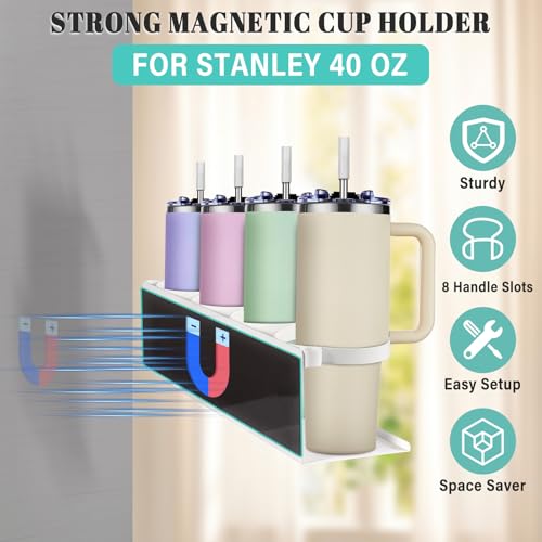 Image of Magnetic Cup Holder for Fridge,8 Cups Water Bottle Organizer for Stanley 30 40 oz with Tumbler Lid Organizer,High Capacity Heavy Duty Kitchen Storage Rack Accessories