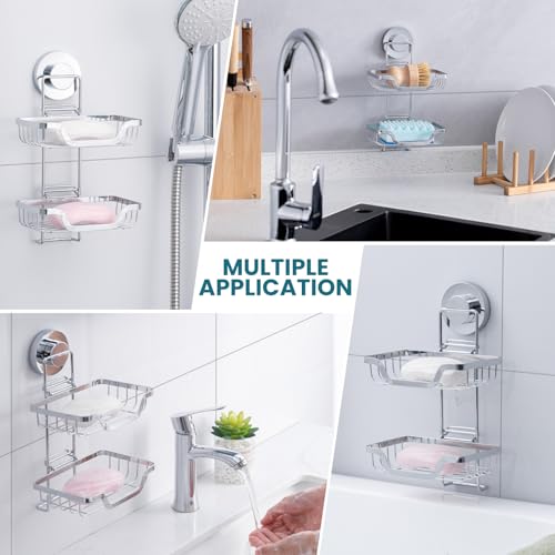 Image of TAILI Double Layer Soap Holder, Draining Bar Soap Dish Saver Tray Suction Cup for Bathroom Shower Wall, Rustproof Stainless Steel Sponge Holder for Tub, Kitchen, Drill-Free, Silver