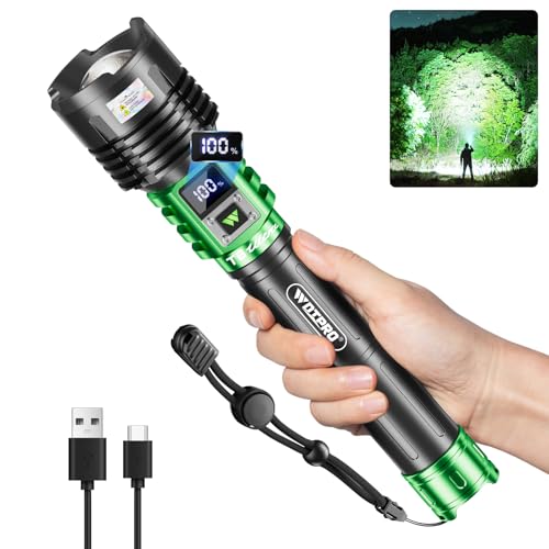 WdtPro Rechargeable LED Flashlights High Lumens, Super Bright 90000LM Rechargeable Flashlight with LCD Display, 5 Modes & Waterproof Powerful Handheld Flashlight for Camping Emergency Green
