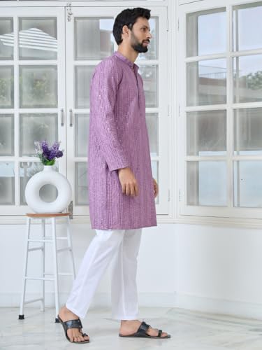 Image of See Designs Men's Full Sleeve Mandarin Collar Sequins Embroidered Straight Long Kurta - Festive Collection