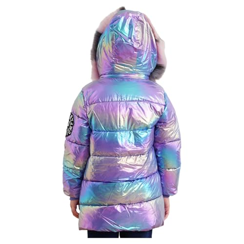 Kids Girls Shiny Medium Long Hooded Puffer Jacket Glitter Metallic Warm Lightweight Winter Coat 5-16 Y3