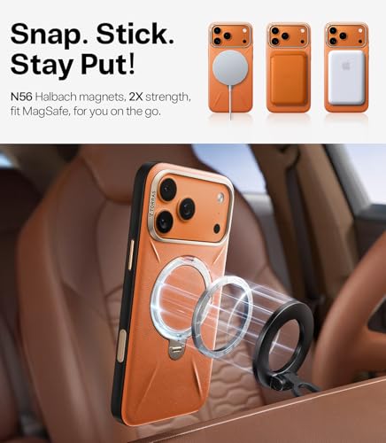Image of TORRAS Q3 VegSkin for iPhone 17 Pro Max Case Leather, 360 Spin Magnetic Stand, Fit for MagSafe, Camera Control, Shockproof Premium Organic Silicone Leather Case for iPhone 17 Pro Max, Burnt Orange